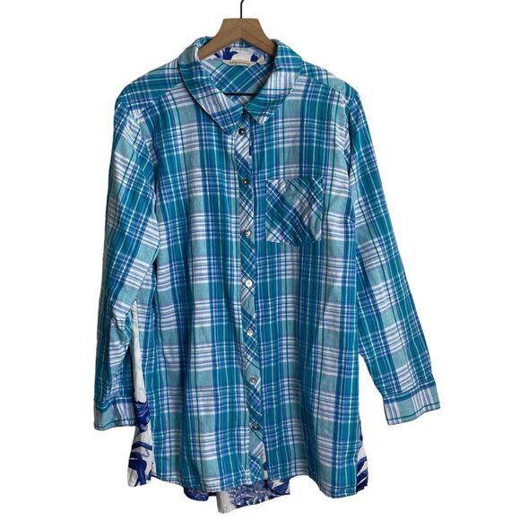 Soft Surroundings Aramie Women’s Plaid Front Peacock Back Shirt Size 1X Top - Picture 2 of 11